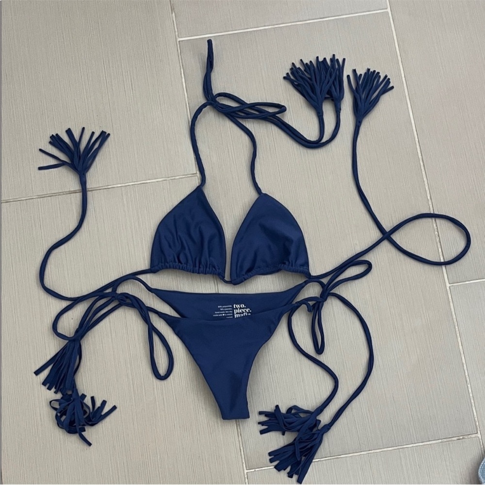 Fringe Tie Bikini Set in Navy - Two Piece Swimwear